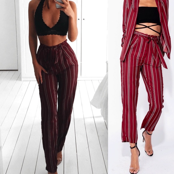 SALE! Burgundy Striped High Waist Straight Pants - Picture 2 of 9